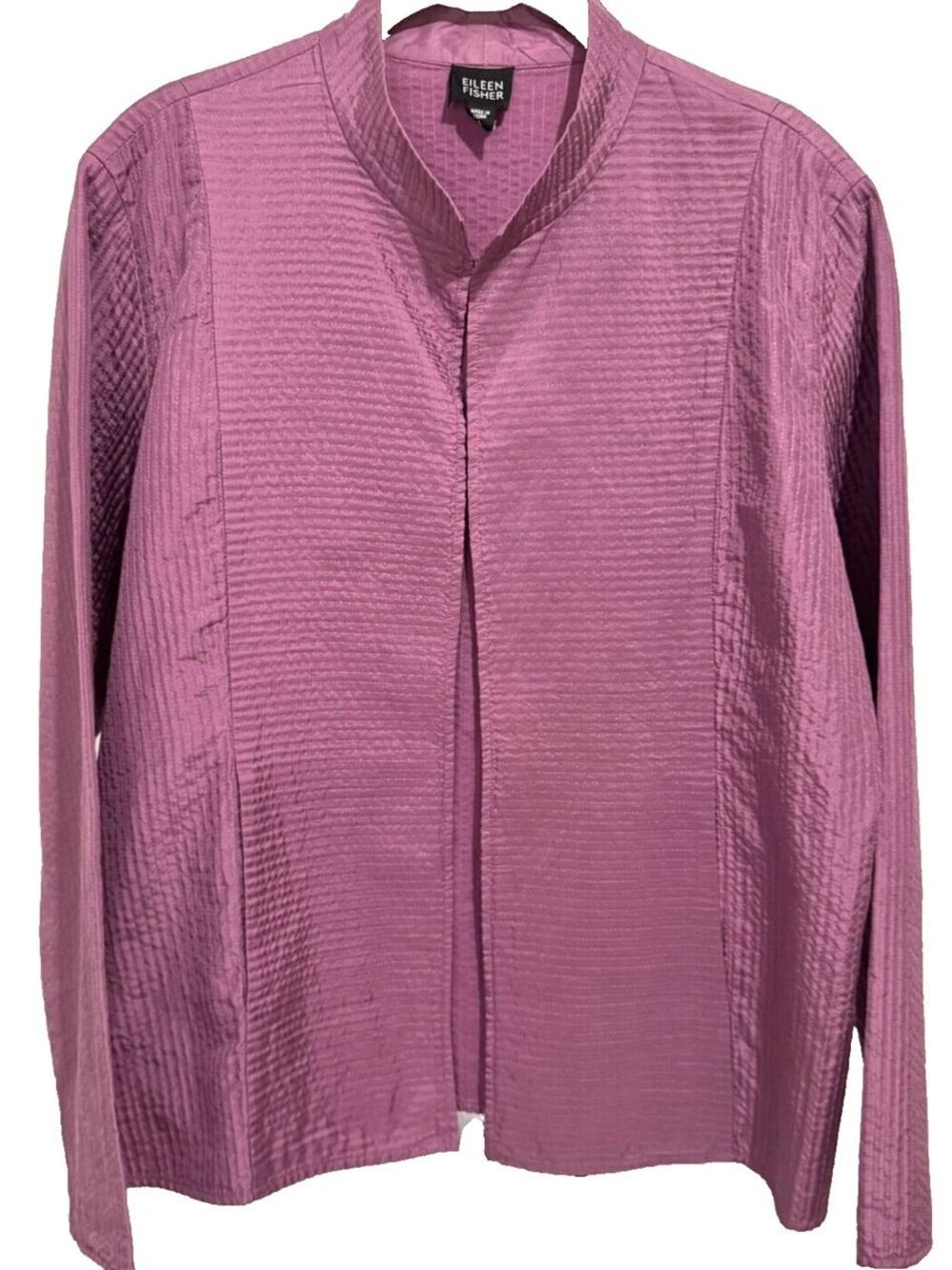 Eileen Fisher Jacket Sz L Silk Channel Crinkle Open Front Long Sleeve Purple